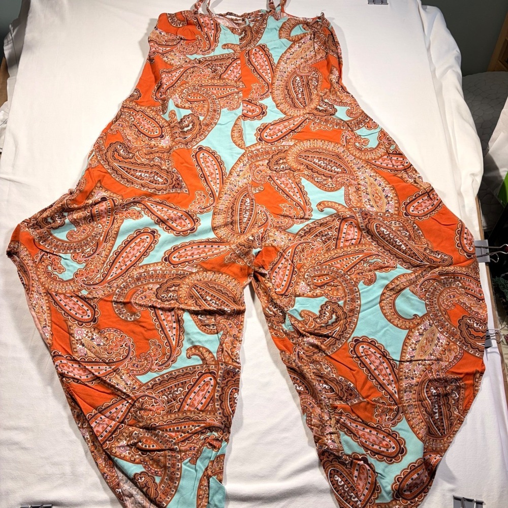 Ivy Street Womens Paisley Harem Jumpsuit Orange Turquoise Boho Wide Leg Large - Picture 2 of 12